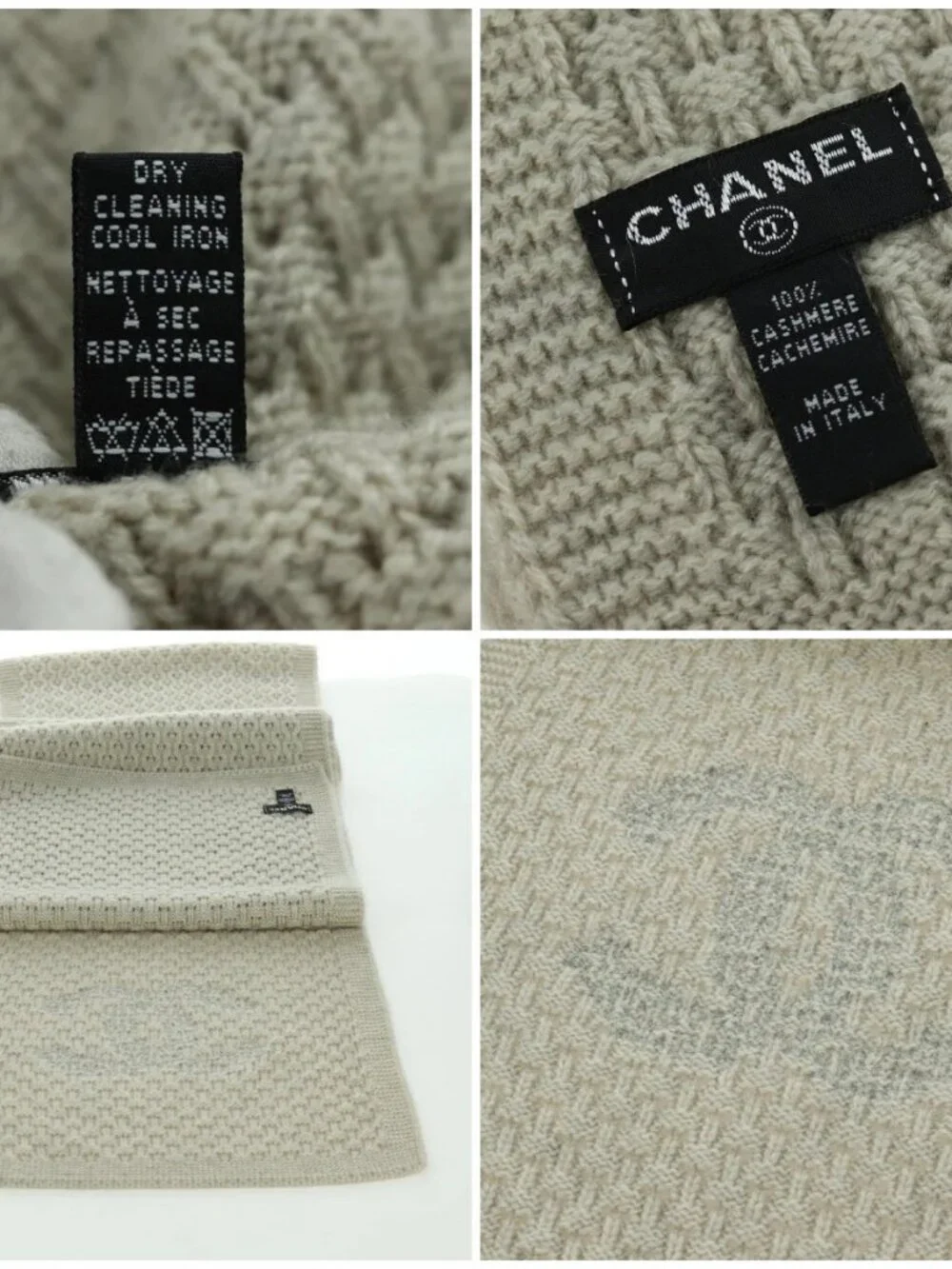 CHANEL COCO Mark Scarf Cashmere Beige Silver CC Auth BA11371V